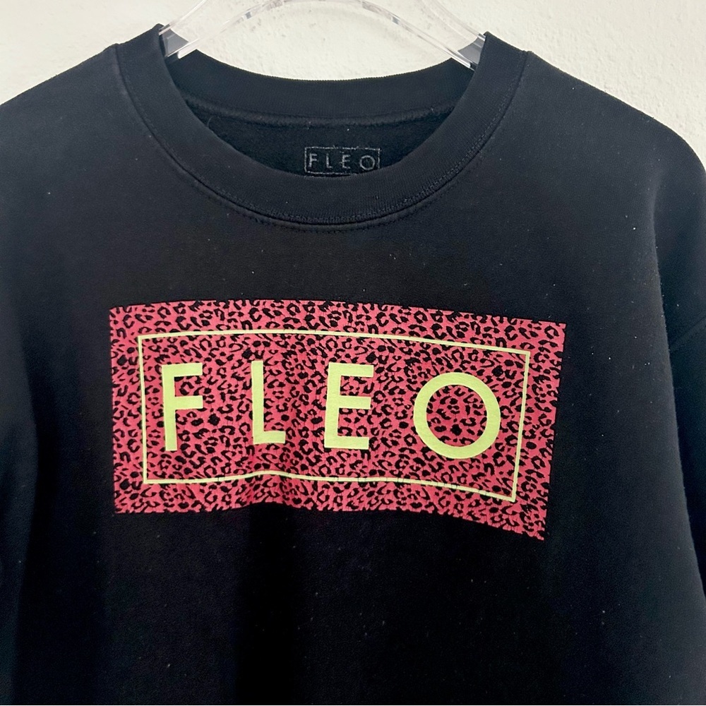 FLEO Leopard Logo Sweatshirt Top Black Cotton Fitness Activewear Size Small - Picture 3 of 9